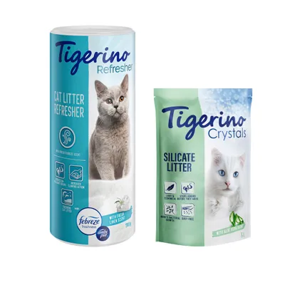 Tigerino Crystals alom + Tigerino Refresher - szagtalanító macskaalomhoz - Aloe Vera (5 l) + Friss illatú Refresher (700 g)