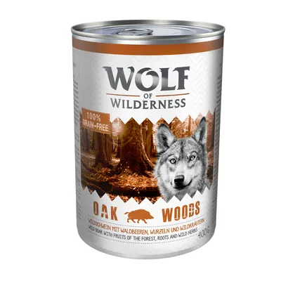 Wolf of Wilderness OAK WOODS dåse 400 g, 100% grain-free, wild boar med skovbær, rødder og vilde urter. Tekst på engelsk og tysk synlig på emballagen.