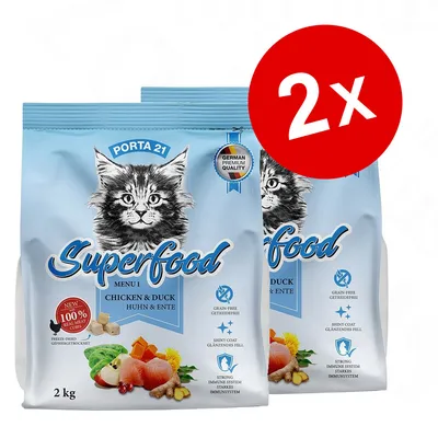 Lot de 2 sacs Porta 21 Superfood Menu 1 pour chat, poulet & canard, 2 kg chacun. Texte visible : German Premium Quality, 100 % real meat cubes, grain-free, shiny coat, strong immune system. Lot de 2 sacs Porta 21 Superfood Menu 1 pour chat, poulet & canard, 2 kg chacun. Texte visible : German Premium Quality, 100 % real meat cubes, grain-free, shiny coat, strong immune system.