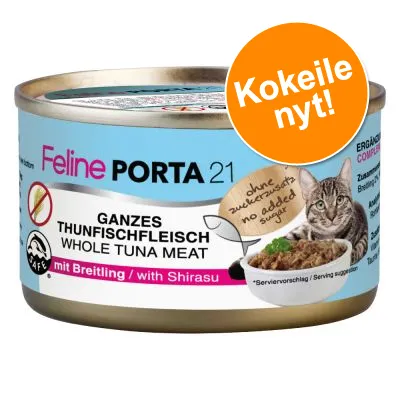 Feline Porta 21 -kissanruoka, whole tuna meat, mit Shirasu. Teksti: ohne zuckerzusatz no added sugar. Oranssi merkki: Kokeile nyt! Kuvassa myös kissa ja ruokakulho.