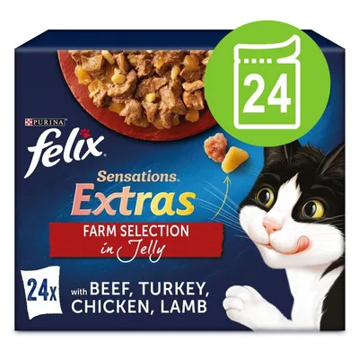 Purina Felix Sensations Extras Farm Selection in Jelly, 24x con manzo, tacchino, pollo, agnello. Immagine di cibo per gatti e icona verde con numero 24.
