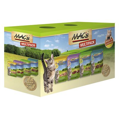 MAC's Multipack, sachets pour chat visibles sur l’emballage, mentions « Grain Free » et « Made in Germany » affichées. Plusieurs variétés illustrées sur la boîte.