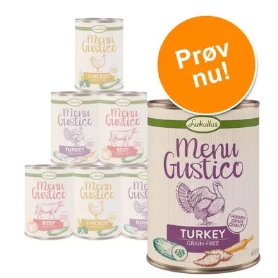 Lukullus Menu Gustico dåsefoder, varianter med teksten CHICKEN og TURKEY GRAIN-FREE samt BEEF GRAIN-FREE. Stor orange cirkel med teksten Prøv nu!