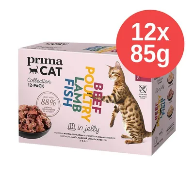 prima CAT Collection 12-PACK, 12x85g, BEEF POULTRY LAMB FISH in jelly, 88 % živočišných složek ve filetě, bez obilovin a přidaného cukru, obrázek kočky a misky s krmivem prima CAT Collection 12-PACK, 12x85g, BEEF POULTRY LAMB FISH in jelly, 88 % živočišných složek ve filetě, bez obilovin a přidaného cukru, obrázek kočky a misky s krmivem