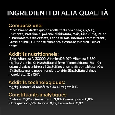 Lista degli ingredienti: pesce, grano, proteine di pollo, mais, riso, polpa di barbabietola, farina di soia, grassi animali, minerali, olio di pesce. Analisi: proteine 27%, grassi 9%, fibra grezza 3,5%. Lista degli ingredienti: pesce, grano, proteine di pollo, mais, riso, polpa di barbabietola, farina di soia, grassi animali, minerali, olio di pesce. Analisi: proteine 27%, grassi 9%, fibra grezza 3,5%.