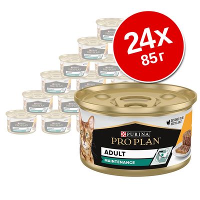 24 банки по 85 г Purina Pro Plan Adult Maintenance для кошек, изображение упаковки с котом и кормом, надпись Designed to be recyclable
