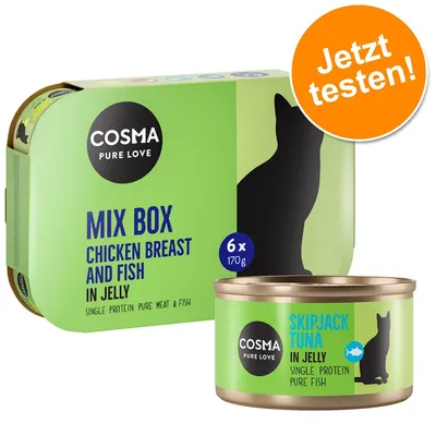 Cosma Pure Love Mix Box Chicken Breast and Fish in Jelly, 6 x 170 g. Skipjack Tuna in Jelly visible sur la boîte et la conserve. Texte orange : Jetzt testen! (allemand).