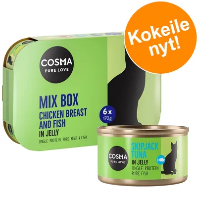 COSMA Pure Love Mix Box Chicken Breast and Fish in Jelly 6 x 170 g, Skipjack Tuna in Jelly. Oranssi merkki: Kokeile nyt! COSMA Pure Love Mix Box Chicken Breast and Fish in Jelly 6 x 170 g, Skipjack Tuna in Jelly. Oranssi merkki: Kokeile nyt!