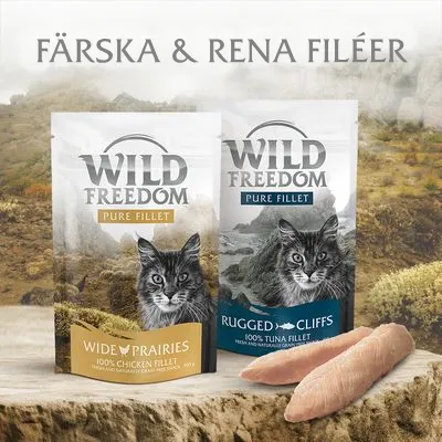 Wild Freedom Pure Fillet kattgodis, två förpackningar: Wide Prairies 100% Chicken Fillet och Rugged Cliffs 100% Tuna Fillet, samt två filébitar. Text: FÄRSKA & RENA FILÉER.