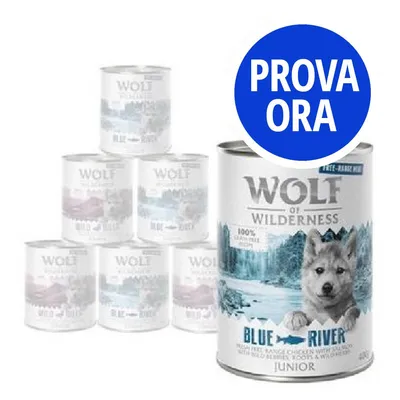 Lattine Wolf of Wilderness Blue River Junior, 100% grain free. Testo in evidenza: PROVA ORA.