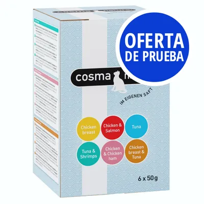 Caja Cosma con prueba de oferta. Variedades visibles: Chicken breast, Chicken & Salmon, Tuna, Tuna & Shrimps, Chicken & Chicken ham, Chicken breast & Tuna. 6 x 50 g.