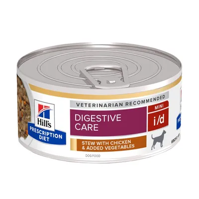 Hill's Prescription Diet Digestive Care MINI i/d, estofado con pollo y verduras añadidas. Texto visible: VETERINARIAN RECOMMENDED, DOG FOOD.