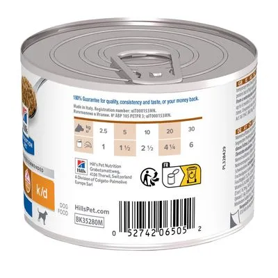 Hill's Prescription Diet k/d hondenvoer blik, voedingsadvies per hondengewicht: 2,5 kg – 1 blik, 5 kg – 1½ blikken, 10 kg – 2½ blikken, 20 kg – 4¼ blikken, 30 kg – 6 blikken.