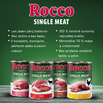Rocco Single Meat: len jeden zdroj bielkovín, bez obilnín a lepku, hovädzie, morčacie, jahňacie alebo kuracie mäso, minimálne 70 % mäsa, bez umelých farbív a aróm. 4 konzervy na obrázku.