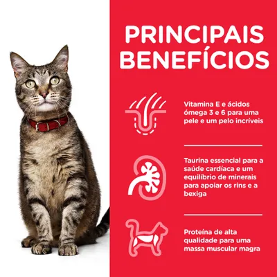Principais benefícios: Vitamina E e ácidos ómega 3 e 6 para pele e pelo; taurina para saúde cardíaca e rins; proteína de alta qualidade para massa muscular magra.
