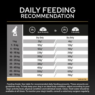 Utfodringstabell för hundar: rekommenderad daglig mängd torrfoder beroende på vikt och aktivitetsnivå, från 35 g till 705 g per dag.