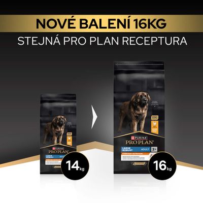 Purina Pro Plan Large Robust Adult, nové 16 kg balenie, s receptúrou pre psov, predtým 14 kg. Produkt s hovädzím mäsom v balení.