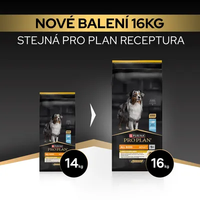 Purina Pro Plan Adult All Sizes, nové balenie 16 kg, rovnaká receptúra ako predtým, doteraz 14 kg. Purina Pro Plan Adult All Sizes, nové balenie 16 kg, rovnaká receptúra ako predtým, doteraz 14 kg.