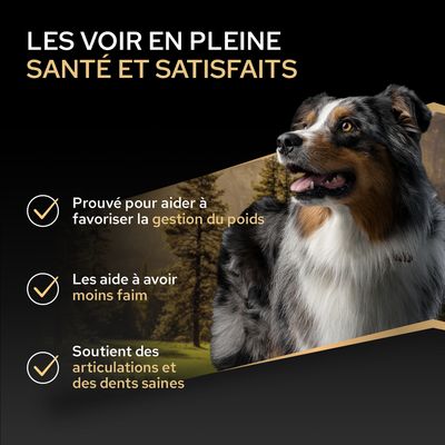 Soutien prouvé pour le contrôle du poids, sensation de faim réduite et promotion de la santé des articulations ainsi que des dents selon le texte de l’image.