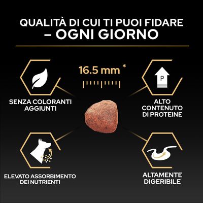 Dimensione delle crocchette 16,5 mm, senza coloranti, alto contenuto proteico, elevato assorbimento dei nutrienti, facilmente digeribile. Testo: Qualità di cui puoi fidarti ogni giorno.