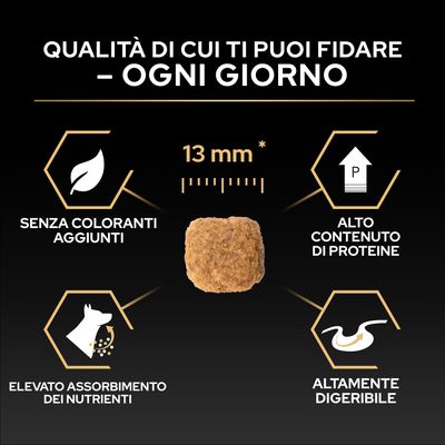 Dimensione delle crocchette 13 mm, senza coloranti, alto contenuto proteico, elevato assorbimento dei nutrienti, facilmente digeribile.