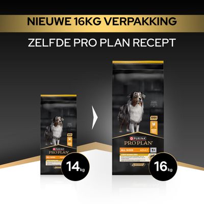 Purina Pro Plan All Sizes Adult 1+ droogvoer voor honden: nieuwe verpakking van 16,0 kg vervangt de eerdere verpakking van 14,0 kg, hetzelfde recept.