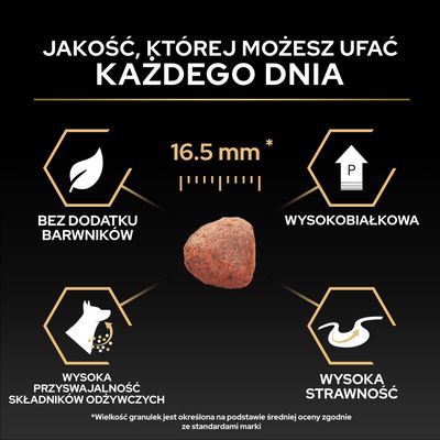 Kawałek karmy o rozmiarze 16,5 mm, bez dodatku barwników, wysoka zawartość białka, wysoka strawność i dobre spożycie składników odżywczych.