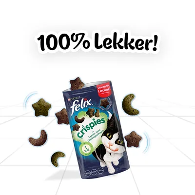 Felix Crispies kattensnack, lams- en groentesmaak, verpakking met afbeelding van kat. Tekst: 100% Lekker! en Unerhört Lecker! (Duits).