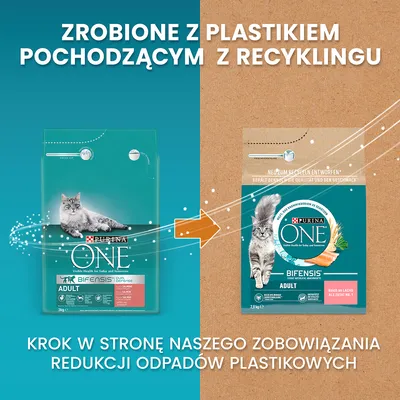 Zrobione z plastikiem pochodzącym z recyklingu. Krok w stronę naszego zobowiązania redukcji odpadów plastikowych. Purina ONE Bifensis Adult – zmiana opakowania.