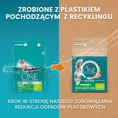 Purina ONE Indoor Formula Bifensis. Zrobione z plastikiem pochodzącym z recyklingu. Krok w stronę naszego zobowiązania redukcji odpadów plastikowych.