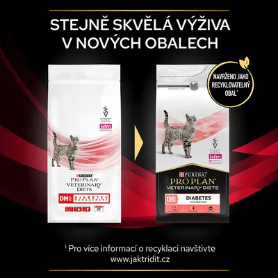 Porovnanie starého a nového obalu PURINA PRO PLAN VETERINARY DIETS DM Diabetes Management pre mačky, text: Navržený ako recyklovateľný obal. Text v češtine. Porovnanie starého a nového obalu PURINA PRO PLAN VETERINARY DIETS DM Diabetes Management pre mačky, text: Navržený ako recyklovateľný obal. Text v češtine.