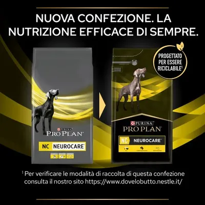 Purina Pro Plan NC Neurocare, nuova confezione progettata per essere riciclabile. Immagine di due sacchi con cane e testo: 'Nutrizione efficace di sempre'.