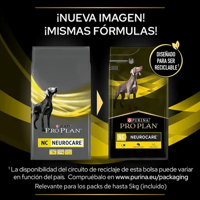 Purina Pro Plan NC Neurocare, nueva imagen de envase, mismas fórmulas. Diseñado para ser reciclable. Relevante para packs de hasta 5 kg. Consulta reciclaje en www.purina.eu/packaging