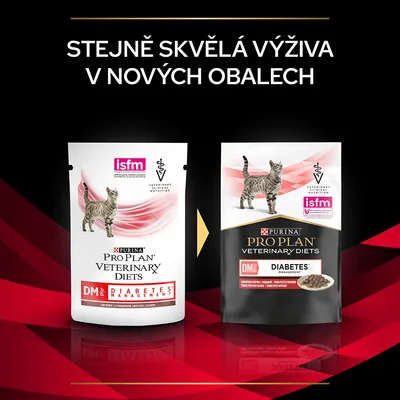 PURINA PRO PLAN VETERINARY DIETS DM Diabetes Management pro kočky, starý a nový obal. Text: Stejně skvělá výživa v nových obalech.