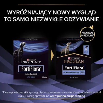 Purina Pro Plan FortiFlora Canine Probiotic, dwa opakowania 30x1 g i 30 saszetek. Napis: wyróżniający nowy wygląd, to samo niezwykłe odżywianie. Przeznaczone do recyklingu.