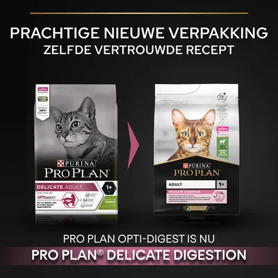 Purina Pro Plan kattenvoer: oude verpakking 'Delicate Adult OptiDigest' en nieuwe verpakking 'Adult Delicate Digestion'. Tekst: prachtige nieuwe verpakking, zelfde vertrouwde recept.