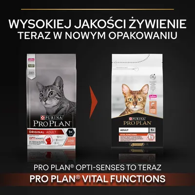 Purina Pro Plan Original Adult zmienia nazwę na Pro Plan Vital Functions. Wysokiej jakości żywienie teraz w nowym opakowaniu. Widoczne dwa opakowania karmy dla kotów.