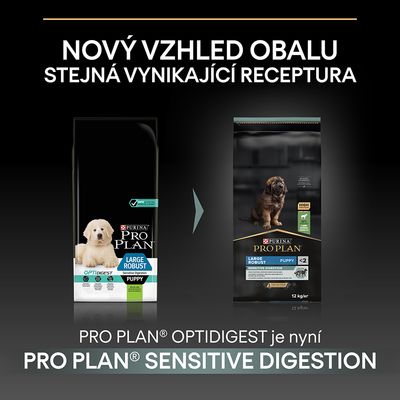 Porovnanie starého a nového balenia Purina Pro Plan Large Robust Puppy Sensitive Digestion, text: Nový vzhľad obalu, rovnaká receptúra. PRO PLAN OPTIDIGEST je teraz PRO PLAN SENSITIVE DIGESTION.