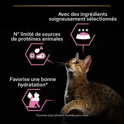 Avec des ingrédients soigneusement sélectionnés, N° limité de sources de protéines animales, Favorise une bonne hydratation* (*Comme tout aliment humide pour chat)