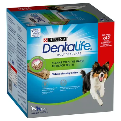 Purina Dentalife Daily Oral Care til mellemstore hunde (12-25 kg), 42 sticks. Understøtter tandpleje med porøs tekstur, reducerer tandsten og plak. Uden kunstige farve- eller aromastoffer. Purina Dentalife Daily Oral Care til mellemstore hunde (12-25 kg), 42 sticks. Understøtter tandpleje med porøs tekstur, reducerer tandsten og plak. Uden kunstige farve- eller aromastoffer.