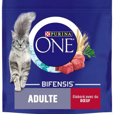 Confezione Purina ONE Bifensis Adulte, visibili scritte 'élaboré avec du bœuf', immagine di un gatto grigio, pezzi di carne, spighe di grano e foglie verdi.