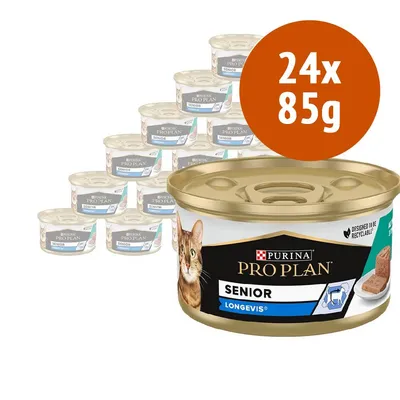 24 lattine da 85 g ciascuna di Purina Pro Plan Senior Longevis, alimento umido per gatti, con immagine della confezione e scritta 'Designed to be recyclable'.