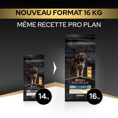 Purina Pro Plan Large Robust Adulte, nouveau format 16 kg, même recette qu'auparavant, auparavant en paquet de 14 kg.