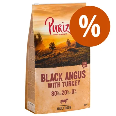 Purizon Black Angus mit Truthahn, 12kg für erwachsene Hunde. 80% Fleischanteil, 20% Obst und Gemüse, 0% Getreide. 39% Proteinanteil. Angebot mit Prozentzeichen.