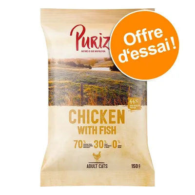 Purizon Chicken with Fish pour chats adultes, 150 g. Offre d’essai. 70 % ingrédients animaux, 30 % fruits/légumes/herbes, 0 % céréales ajoutées, 44 % protéines de qualité.