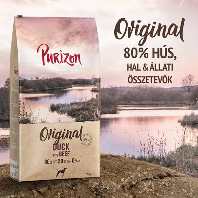 Purizon Original Duck with Beef kutyatáp, 12 kg. 80% hús, hal és állati összetevők. 20% zöldség, gyümölcs, gyógynövény. 0% gabona. Látható szöveg: Original, 80% hús, hal & állati összetevők.