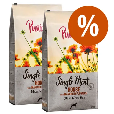 Два пакета Purizon Single Meat Horse with Marigold Flowers, 12 кг, с надпис 50% конско месо, 50% растителни съставки, 0% зърно. Оранжев кръг с процентен знак за промоция. Два пакета Purizon Single Meat Horse with Marigold Flowers, 12 кг, с надпис 50% конско месо, 50% растителни съставки, 0% зърно. Оранжев кръг с процентен знак за промоция.