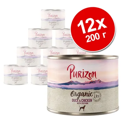 Набор из 12 консервов Purizon Organic Duck & Chicken with Zucchini, 200 г. Видна надпись: 13% meat & sinew. На упаковке изображён силуэт собаки.