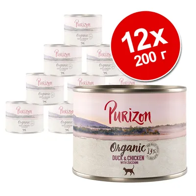 12 банок по 200 г Purizon Organic Duck & Chicken with Zucchini, 13 % мясо и субпродукты. Видны упаковки с надписями на английском языке.