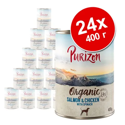 24 банки по 400 г Purizon Organic Salmon & Chicken with Spinach. На упаковке изображены горы, надписи: 13 % иконка качества, для собак.